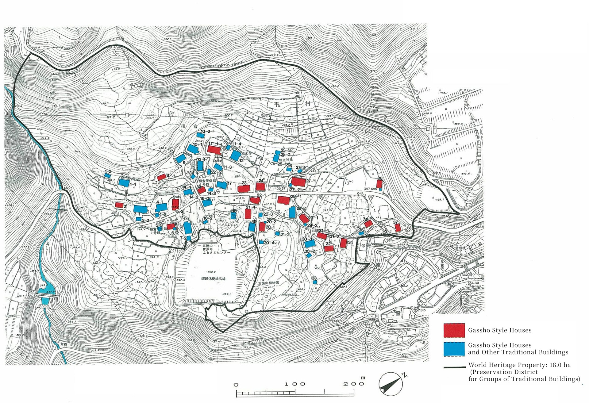 Map showing the heritage area boundaries of the Ainokura village in Gokayama