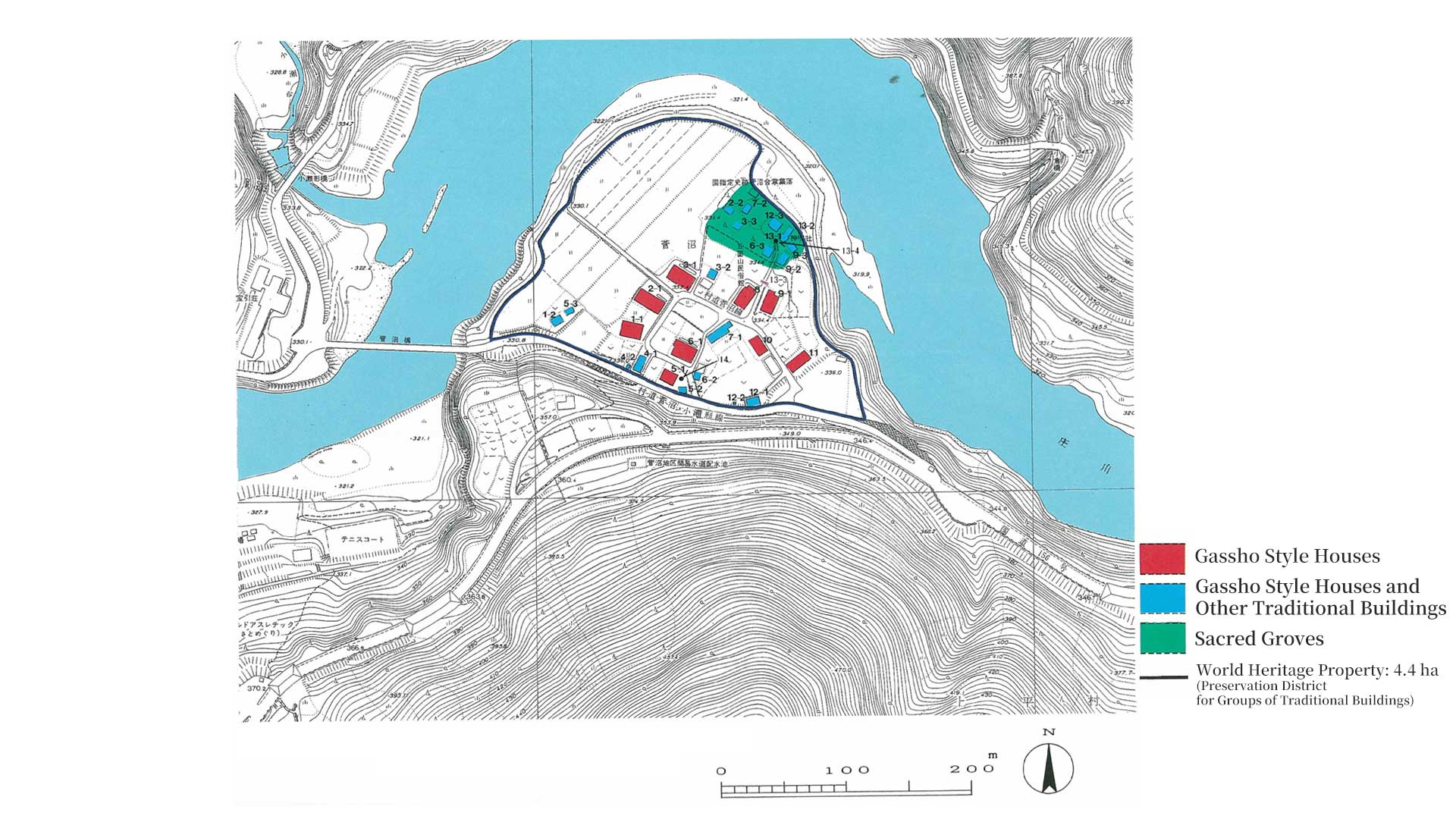 Map showing the heritage area boundaries of the Suganuma village in Gokayama