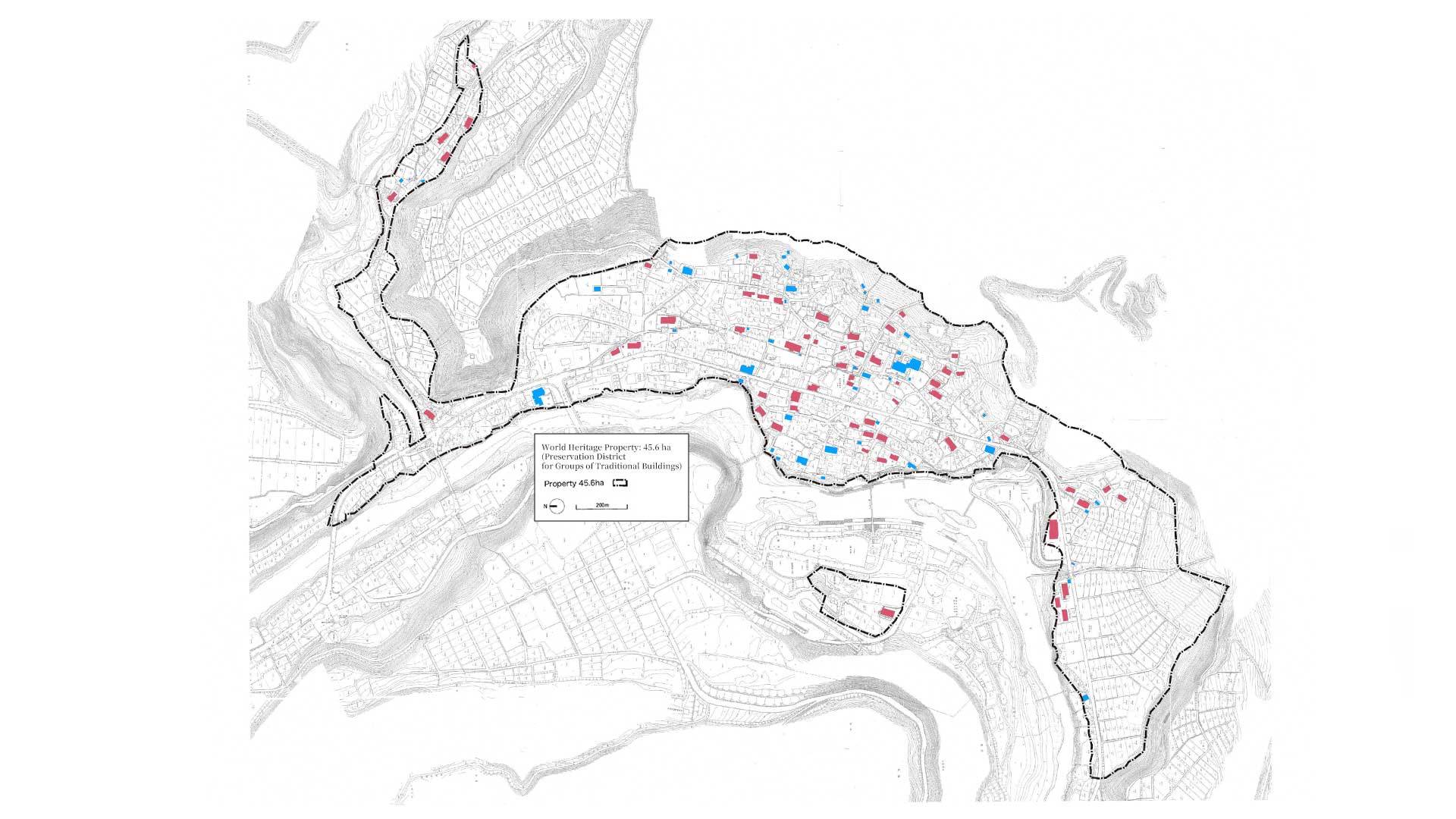 Map showing the heritage area boundaries of the Ogimachi village in Shirakawa-go