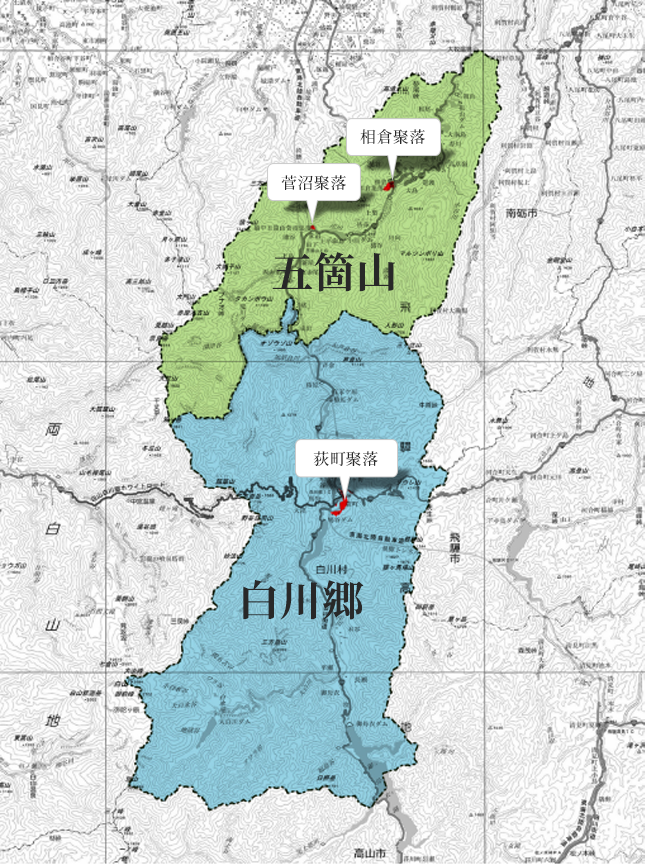 顯示白川鄉遺產範圍的地圖