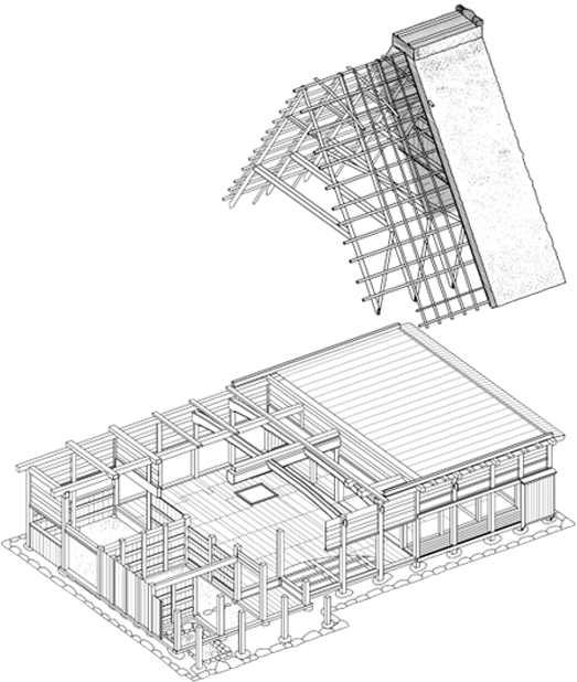 軸組部は大工、小屋組部は「結」で設計されていることを表す図