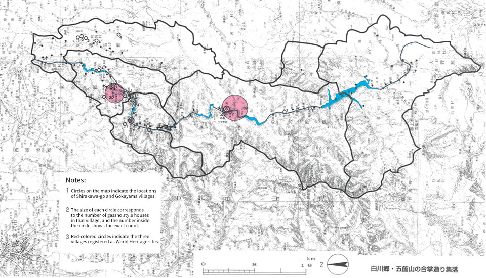 Diagram showing the distribution of gassho style houses in 1994